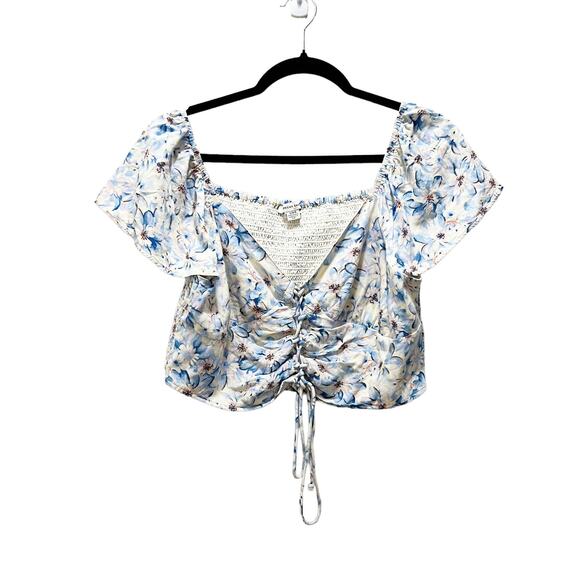 American Eagle Blue Floral Cinched Short Sleeve Tie Busty Crop Top Size Large - Picture 1 of 7
